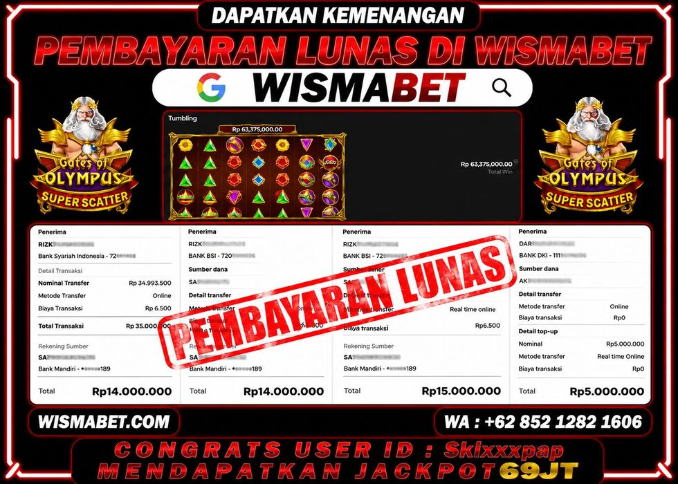 Wismabet - BUKTI KEMENANGAN Gates Of Olympus Superscatter Rp69,000,000,- LUNAS